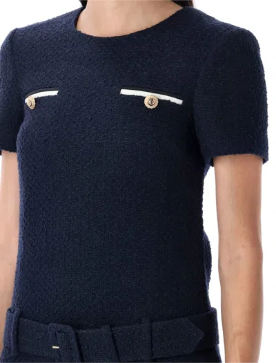 Self-portrait Textured Boucle Mini Dress With Belted Waist And Gold-tone Accents In Blue