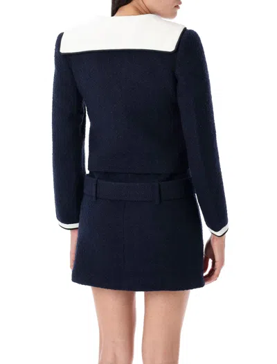 Self-portrait Boucle Jacket With Contrasting Neckline In Blue