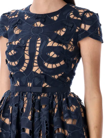 Self-portrait Blue Cotton Poplin Mini Dress With Bow Motif In Blue