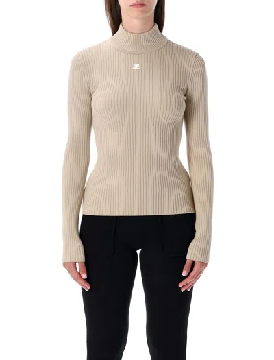 Courrèges Rib Knit Mock Neck Sweater In Neutral