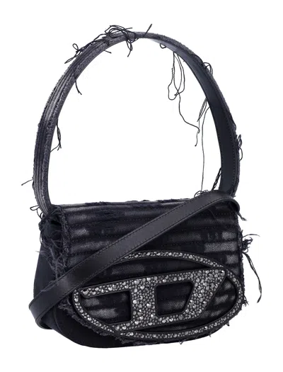 Diesel 1dr Black Shoulder Bag With Oval D Plaque With Rhinestones And Fringed Edges In Cotton And Leather B