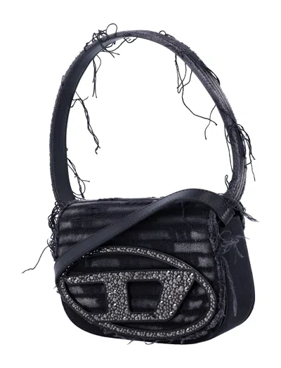Diesel 1dr Black Shoulder Bag With Oval D Plaque With Rhinestones And Fringed Edges In Cotton And Leather B