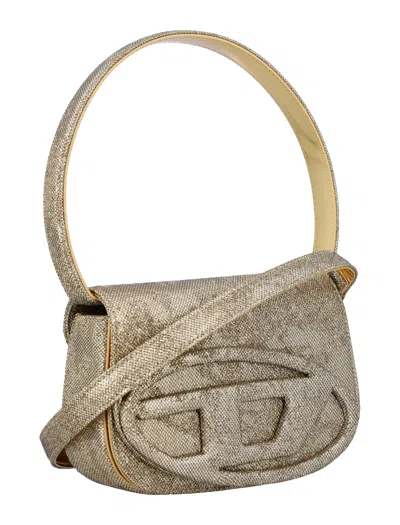 Diesel Oval-d Logo Glittered Denim Shoulder Bag In Gold