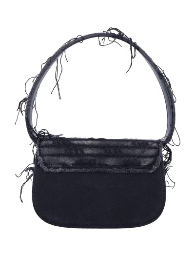 Diesel 1dr Black Shoulder Bag With Oval D Plaque With Rhinestones And Fringed Edges In Cotton And Leather B