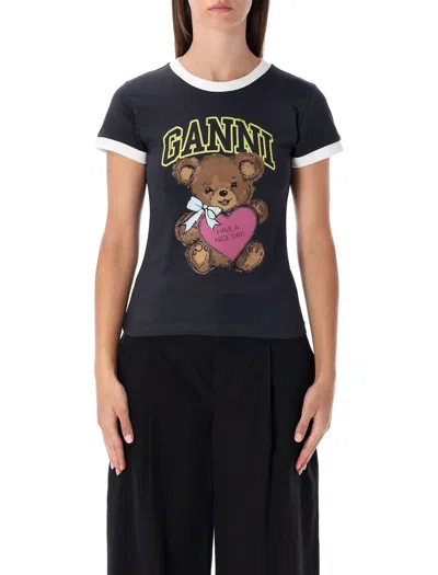 Ganni Graphic Print Crew Neck Short Sleeve Top In Black