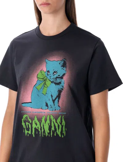 Ganni Neon Kitty Organic Cotton T-shirt In Black