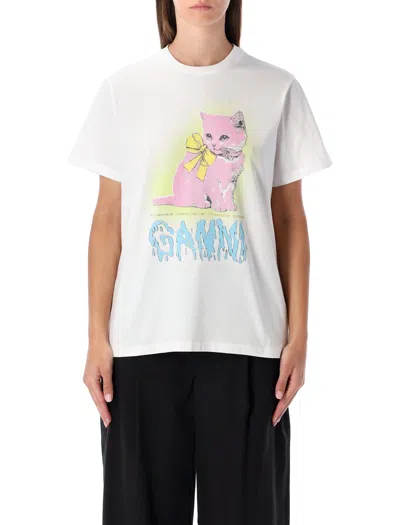 Ganni Neon Kitty Bright White T-shirt In White