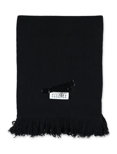 Mm6 Maison Margiela Fringed Wool Scarf With Logo Patch In Black