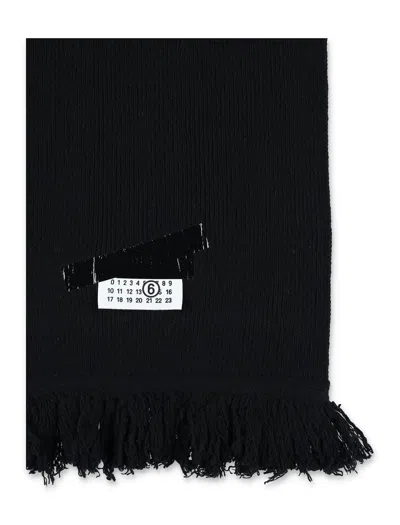Mm6 Maison Margiela Fringed Wool Scarf With Logo Patch In Black