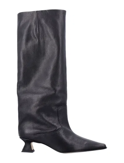 Miista Square Toe Leather Knee-high Boot In Black