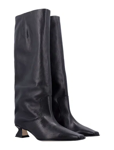 Miista Square Toe Leather Knee-high Boot In Black