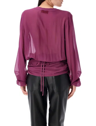 Attico Draped Front V-neck Ruched Blouse In Purple