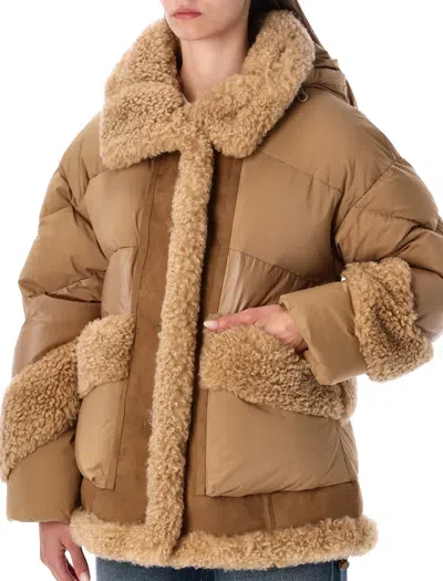 Urbancode Camel Short Puffer Jacket With Faux Shearling In Brown