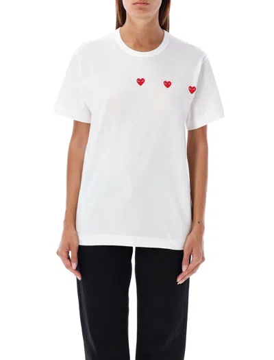 Comme Des Garçons Play Three Hearts T-shirt In White