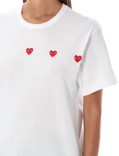 Comme Des Garçons Play Three Hearts T-shirt In White
