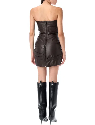 Attico Brown Off-shoulder Sleeveless Mini Dress With Rear Zip Closure In Leather Woman In Brown