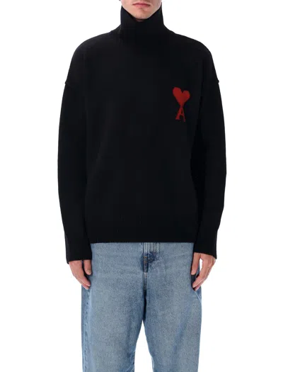 Ami Alexandre Mattiussi Relaxed Fit Black Wool Turtleneck Sweater With Graphic Heart Motif In Black