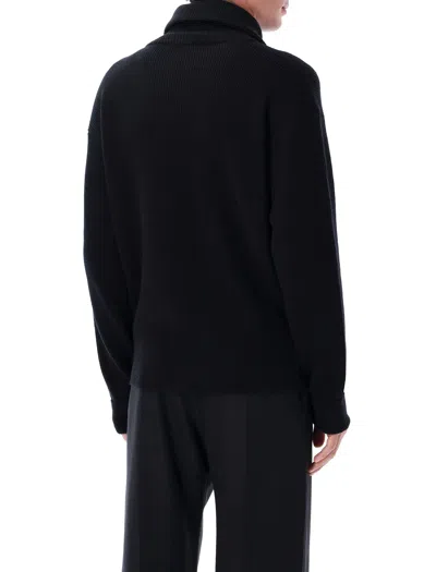 Lemaire Half Zip Sweater In Ribbed Virgin Wool In Black