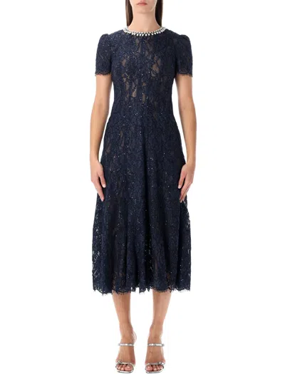 Self-portrait Blue Sequin Floral Lace Embellished Midi Dress In Blue