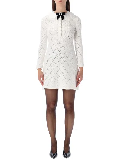 Self-portrait White Lace Knit Mini Dress With Removable Bow In White
