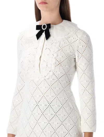 Self-portrait White Lace Knit Mini Dress With Removable Bow In White