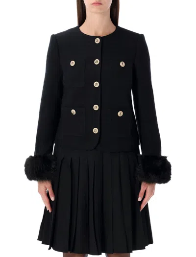 Self-portrait Boucle Cropped Jacket Eco Fur Sleeve In Black