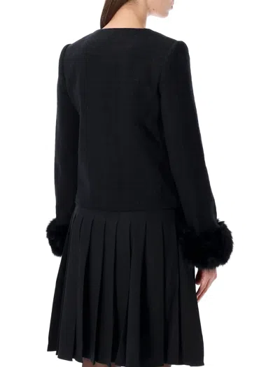 Self-portrait Boucle Cropped Jacket Eco Fur Sleeve In Black