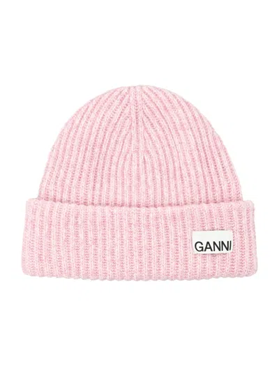 Ganni Wool-blend Light Structured Rib-knit Beanie In Pink