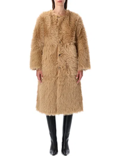 Urbancode Beige Shearling Coat With Round Neck And Front Closure In Faux Fur Woman In Brown