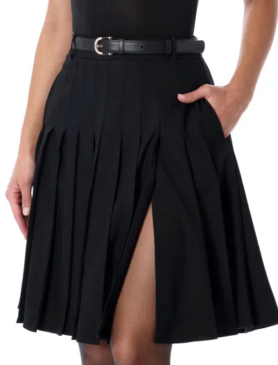 Self-portrait Black Pleated Twill Midi Skirt With Belt In Black