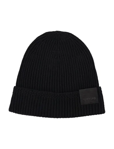 Tom Ford Mens Black Logo-patch Ribbed Cashmere-knit Beanie Hat In Black
