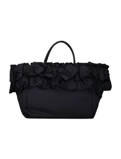 Ganni Black Nylon Ruffled Xxl Shopper Bag In Black