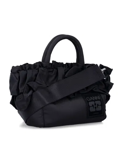 Ganni Black Nylon Ruffled Top Handle Bag In Black