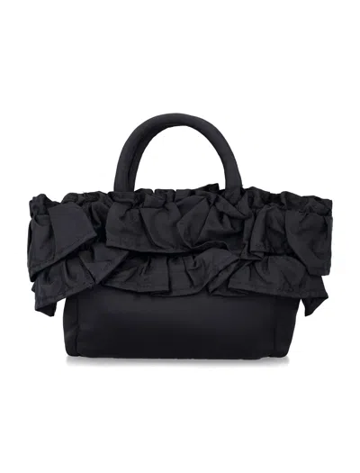 Ganni Black Nylon Ruffled Top Handle Bag In Black