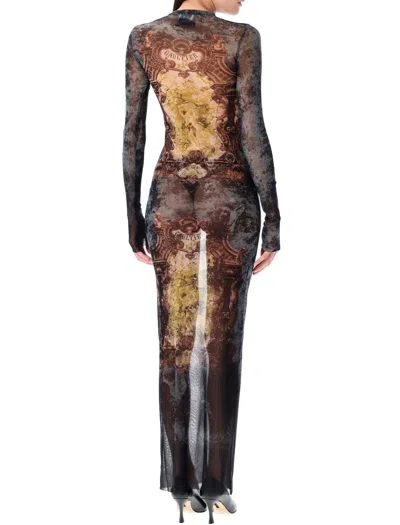 Jean Paul Gaultier Medallion Print Mesh Long Skirt In Multi