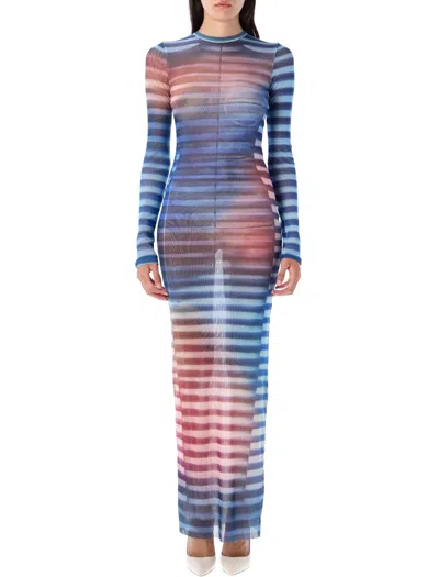 Jean Paul Gaultier Mesh Striped Bodycon Maxi Dress In Blue