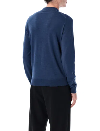 John Smedley Long Sleeve Polo Knit With Ribbed Cuffs And Hem In Blue
