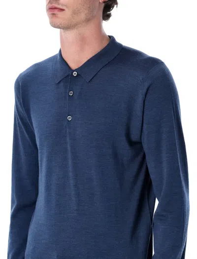 John Smedley Long Sleeve Polo Knit With Ribbed Cuffs And Hem In Blue