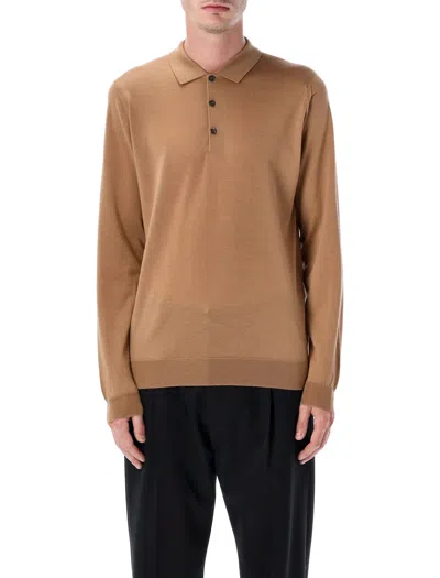 John Smedley Long Sleeve Polo Knit With Ribbed Cuffs And Hem In Brown