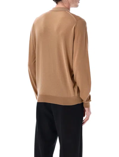 John Smedley Long Sleeve Polo Knit With Ribbed Cuffs And Hem In Brown