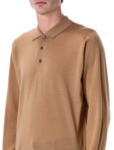 John Smedley Long Sleeve Polo Knit With Ribbed Cuffs And Hem In Brown