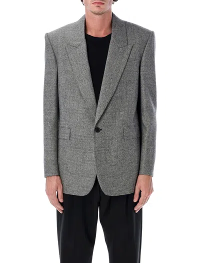 Saint Laurent Prince Of Wales Wool Single-breasted Blazer In Gray