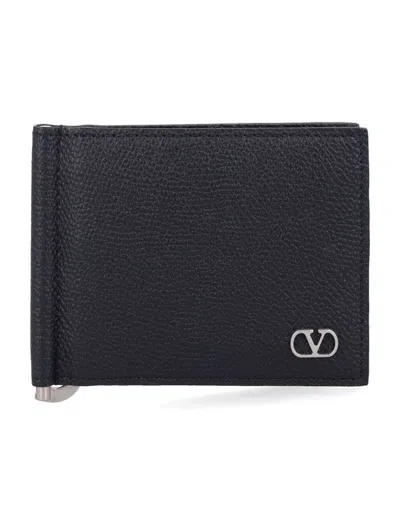 Valentino Garavani Vlogo Signature Grainy Calfskin Bi-fold Wallet With Money Clip In Black