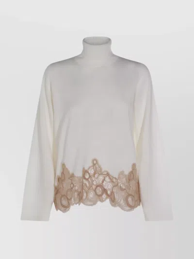 Fabiana Filippi Long Sleeve Turtleneck Knitwear With Lace Hem In White