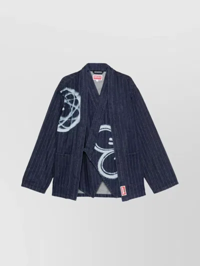 Kenzo Striped Graphic Print Long Sleeve Blazer In Blue