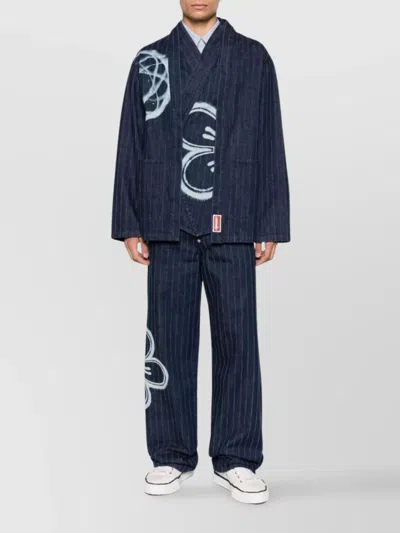 Kenzo Striped Graphic Print Long Sleeve Blazer In Blue