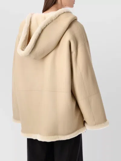 Alberta Ferretti Oversized Hooded Reversible Shearling Jacket In Neutral