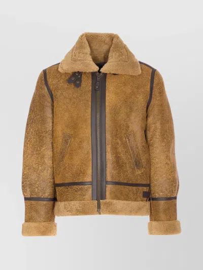 Schott Adjustable Strap Shearling Jacket Pockets In Brown