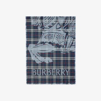 Burberry Wide Ekd Check Wool Silk Scarf In Blue