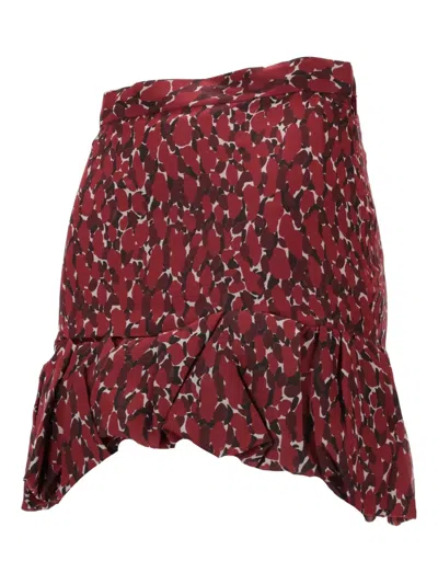 Saint Laurent Asymmetric Hem Abstract Pattern Ruffle Skirt In Burgundy